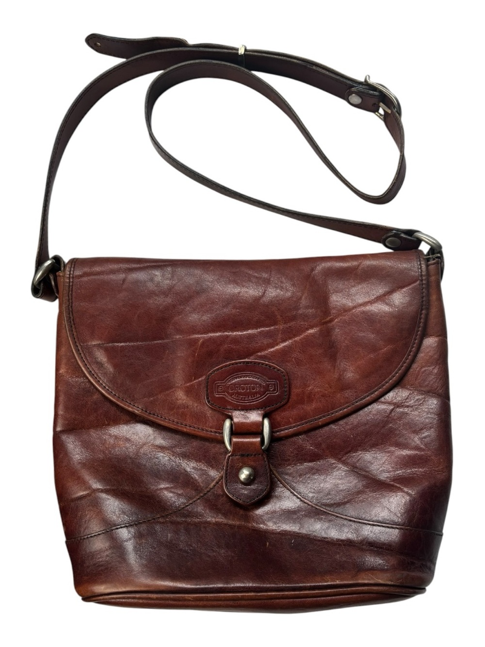 Oroton Australia Cognac Brown Leather Crossbody Bag Genuine Cowhide Saddle Bag